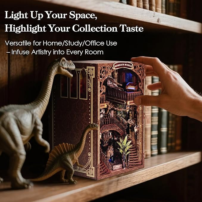 [2025 New] Dinosaur Museum Book Nook Kit with Dust Cover & LED Light, DIY Miniature House Kit Toy, 3D Wooden Puzzle Bookshelf Decor Building Kit, Birthday Gifts for Family & Friends