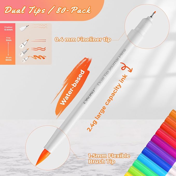 Ohuhu Markers for Adults Coloring Books No Bleeding 80 Colors Coloring Markers Pens for Journaling Water-Based Dual Tips Extra Fine & Brush Drawing Pens for Calligraphy Lettering Card-making