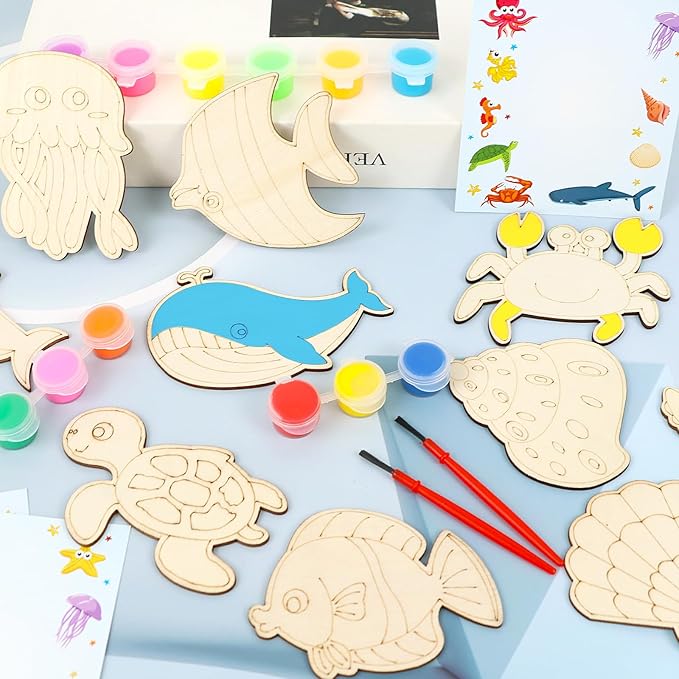 LARDUX Under The Sea Party Favors, 24PCS DIY Sea Ocean Animals Party Favors Wooden Arts & Crafts Painting Kit for Kids, Glow in The Dark Family Crafts Birthday Party Gifts Toys for Boys Girls