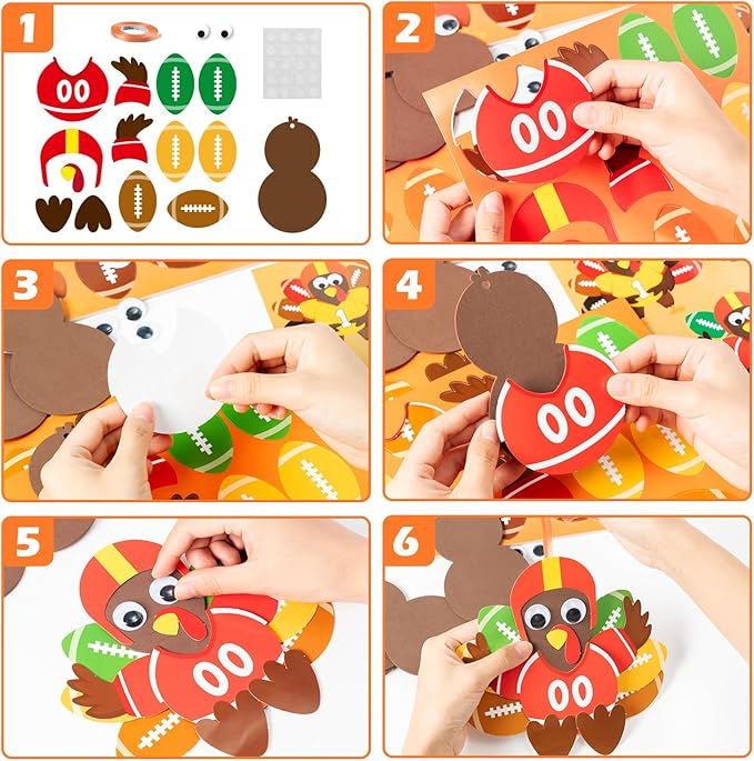 BeYumi 24 Sets Thanksgiving Foam Football Turkey Craft Kit DIY Give Thanks Rugby Turkey Handing Ornaments Decorations Fall Autumn Make A Turkey Craft for Kids Home School Classroom Party Activities