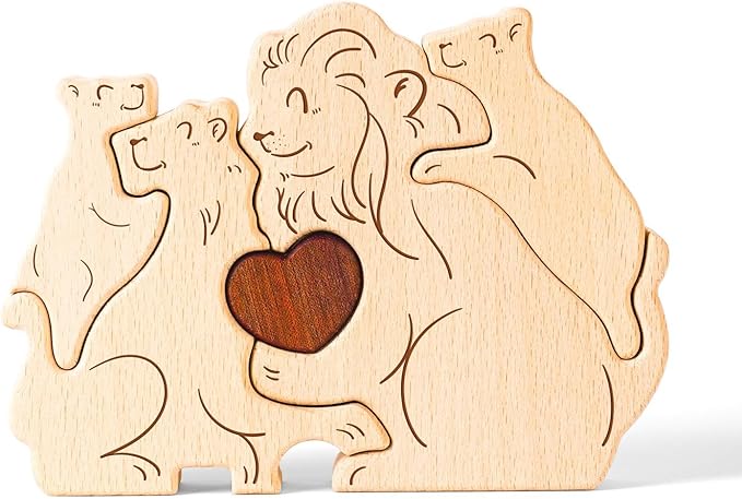 Wooden Lion Family Puzzle Games, Personalized 4 Name Puzzle for Home Crafts Decor, House Warming Birthday Party Gifts for Mom Dad Grandma Kids New Baby, Wooden Bear Family