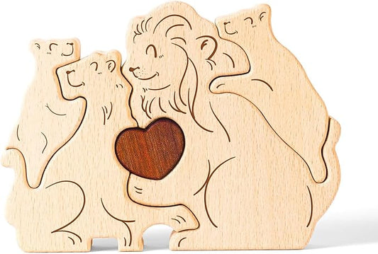 Wooden Lion Family Puzzle Games, Personalized 4 Name Puzzle for Home Crafts Decor, House Warming Birthday Party Gifts for Mom Dad Grandma Kids New Baby, Wooden Bear Family