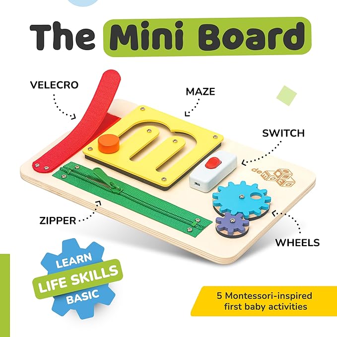 deMoca Montessori Busy Board for 1 Year Old, Premium Wooden Baby Busy Board, Airplane Toys for Toddlers 1-3, Car Travel Essential, Gift for Boys & Girls