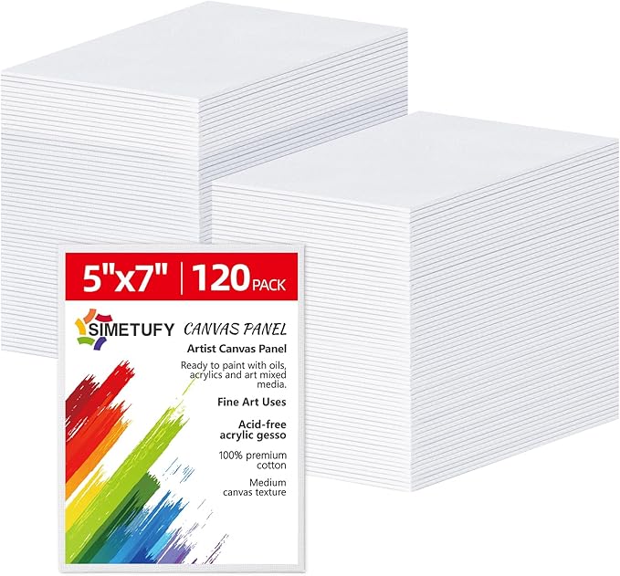 Simetufy 5x7 inch 120 Pack Small Painting Canvas Boards- Gesso Primed Acid-Free 100% Cotton Canvas Panels for Acrylics Oil Watercolor Tempera Paints