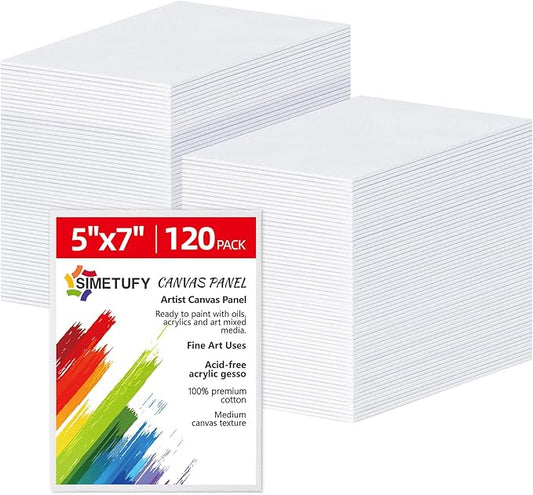 Simetufy 5x7 inch 120 Pack Small Painting Canvas Boards- Gesso Primed Acid-Free 100% Cotton Canvas Panels for Acrylics Oil Watercolor Tempera Paints