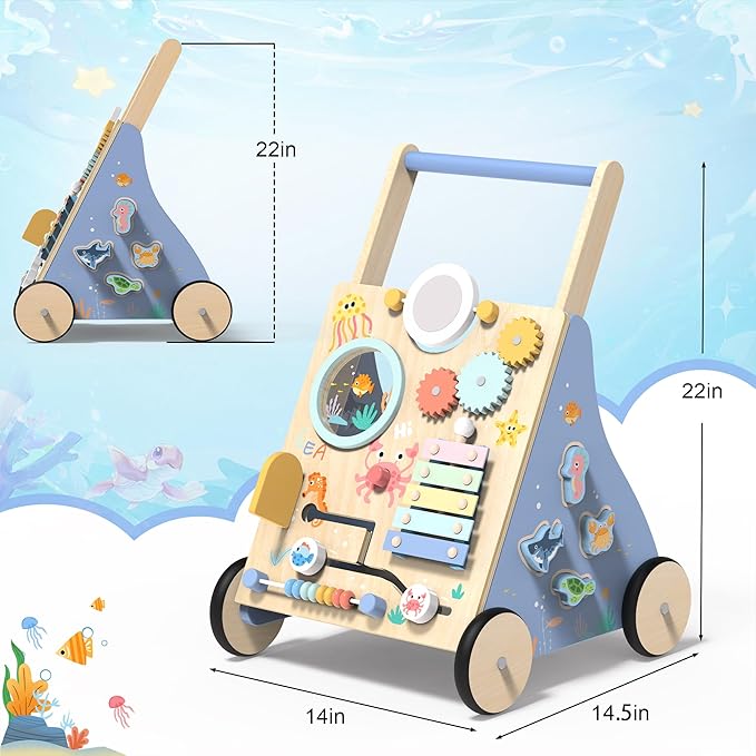 Wooden Baby Walker with Activity Center, Montessori Push Walker Toy for Babies 18 Months+, Sit to Stand Walker with Wheels for Boys & Girls, Infants to Toddler