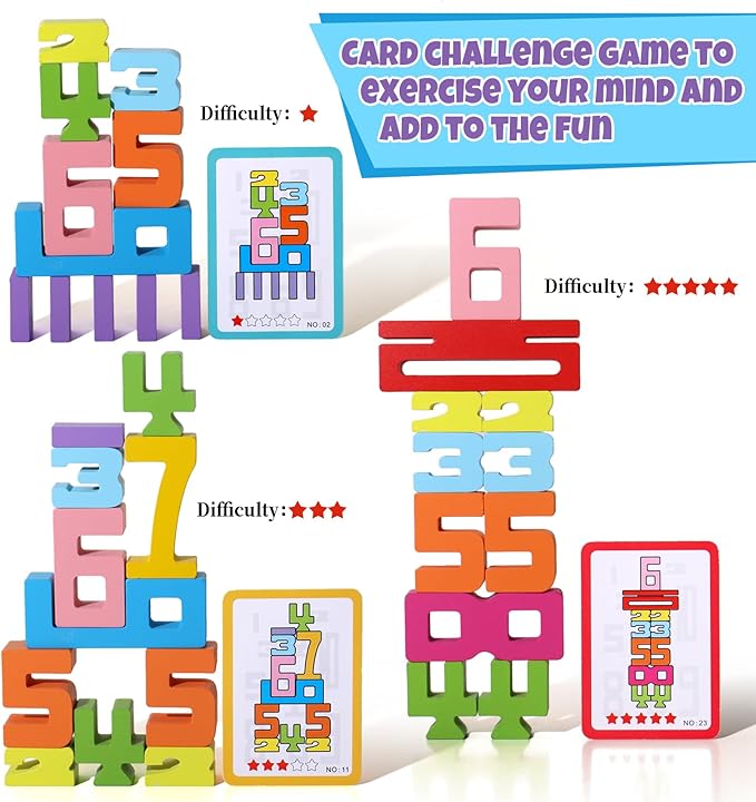 BESTAMTOY 20PCS Montessori Inspired Wooden Number Building Blocks-Wooden Blocks for 3+ Years Old Kids 1-10 Number Game Balance Competition Toy – Unlock Your Kids Potential