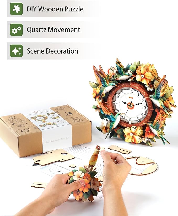 3D Wooden Puzzles for Adults, Hummingbird Clock with Pendulum Model Kit, 3D Puzzles for Adults Room Home Decor DIY Wall Clock Kit, Holiday Birthday for Men Women Teens