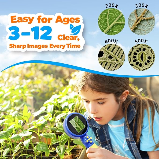 Kids Microscope with Bug Catcher Kit, 1080P Digital Mini Handheld Microscope STEM Science Toy with LED Light, Rechargeable, Portable, Supports 64GB TF Card, Educational Gift for Kids Ages 3-12 (Blue)