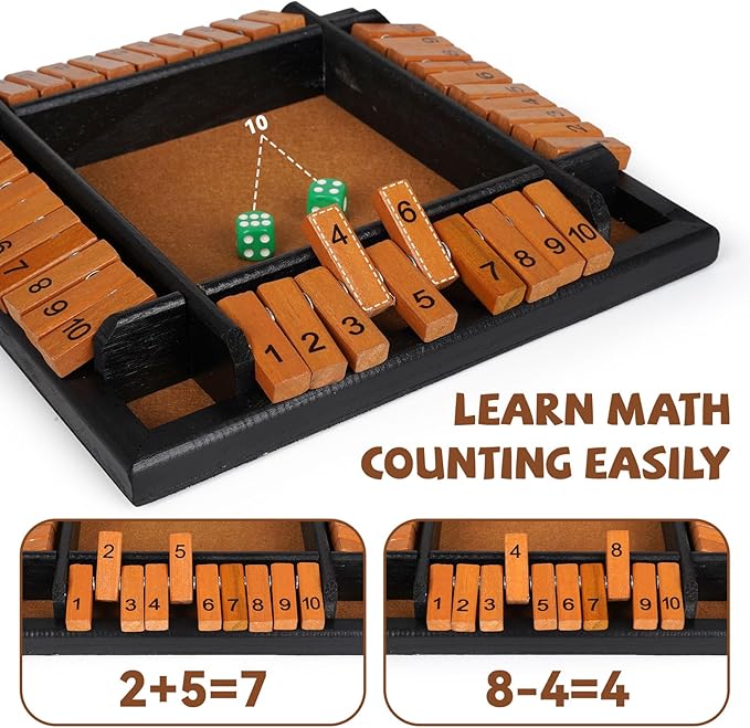 Shut The Box Dice Game, 1-4 Players Wooden Family Board Math Game with 12 Dice ，Pub Strategy Dice Game for Adults Classic Tabletop Educational Game for Family, Classroom, Home