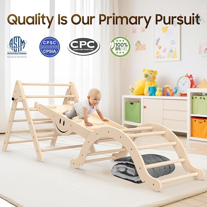 BIERUM 8 in 1 Pikler Triangle Set with Soft Cushion, Montessori Foldable Toddler Pickler Climbing Set with Ramp, Wooden Jungle Gym, Indoor Playground for Toddlers and Kids, Natural