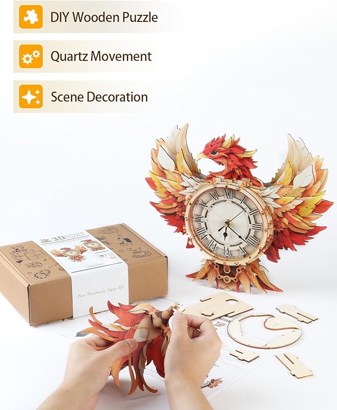 3D Wooden Puzzles for Adults, Phoenix Wall Clock DIY Set, Beginner 37 Pcs Wooden Puzzles, Creative Gift Ideas for Adults Teens