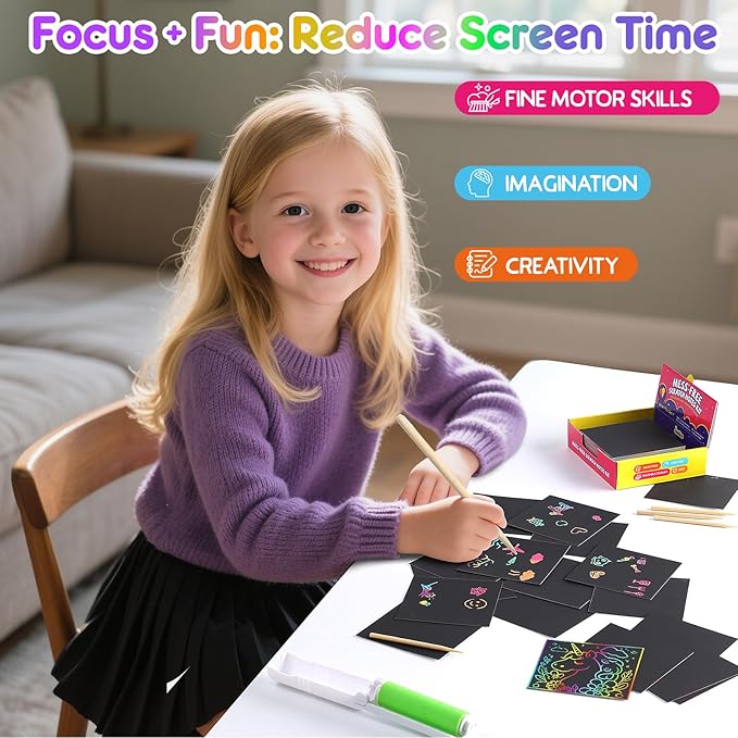 Rainbow Scratch Paper, 100 PCS Scratch Notes with Reusable Cleaner Tool, Mess-Free Art Crafts for Kids Boys & Girls Ages 4-8, Gifts Classroom Prizes Supplies School Birthday Party Travel Toy