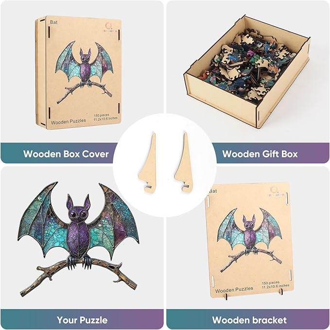 Wooden Puzzles for Adults, Halloween Puzzles,Stained Glass Bat Puzzles Animal Wooden Puzzles,150 Pieces Unique Irregular Fun Challenging Jigsaw Puzzles Gifts, Perfect Family Games, 11.2 * 10.6inch