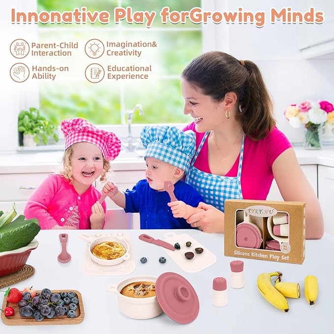 TYRY.HU Play Kitchen Accessories, 11Pcs Pretend Play Toys, BPA Free Silicone Play Kitchen Set, Pretend Play for Toddlers 1-3, Play Kitchen Cooking Utensils Pots & Pans, Learning Gifts for Kids, Pink