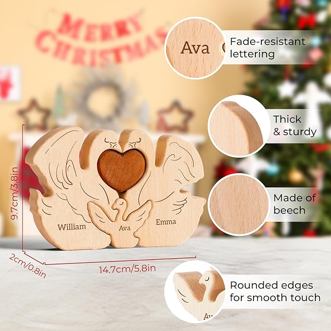 Wooden Swan Family Puzzle, Personalized Puzzles with 2-5 Names, Mothers Day Birthday Personalized Gifts for Mom Dad Kids Boys Girls Grandma Toddler, Christmas Thanksgiving Decor