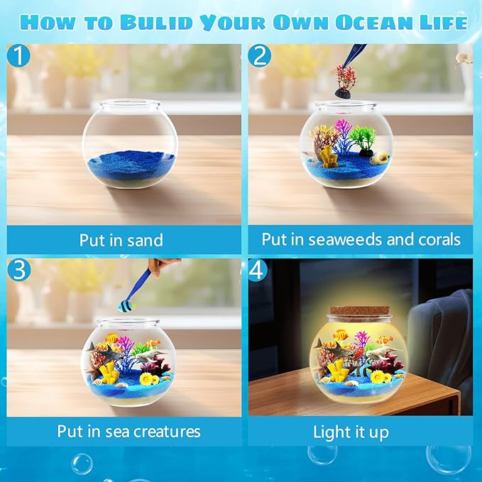 Ocean Light Up Terrarium Kit for Kids - LED Night Light Ocean Birthday Gift for Girls & Boys Ages 4 5 6 7 8-12, Kids Arts & Crafts Kit