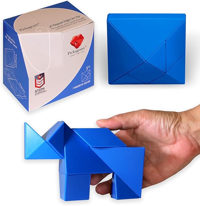 Pickagram Tangram 3D Magnetic Puzzle for Kids (8-12), Adults & Seniors | STEM Certified Fidget Puzzle - Magnetic Pattern Blocks for Cognitive Development, Creativity & Focus - Blue