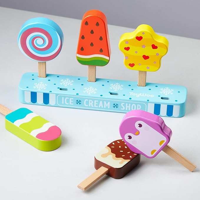 Wooden Ice Cream Toy for Kids, Toddlers Ice Lolly Pops Pretend Play Food Toys Ice Cream Shop Playset Gifts for Kids Age 3 4 5 6 Years Old