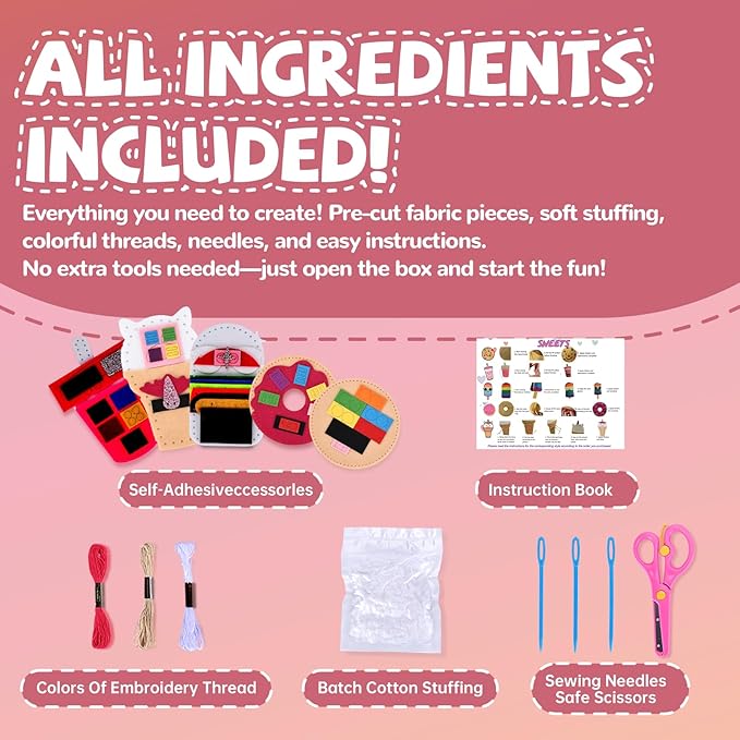 Cymbana Kids Sewing Kit Make Your Own Food Felt Plush Toy, Donuts, Ice Cream Craft Art Set for Beginners, Girls Gifts for Children Ages 6+