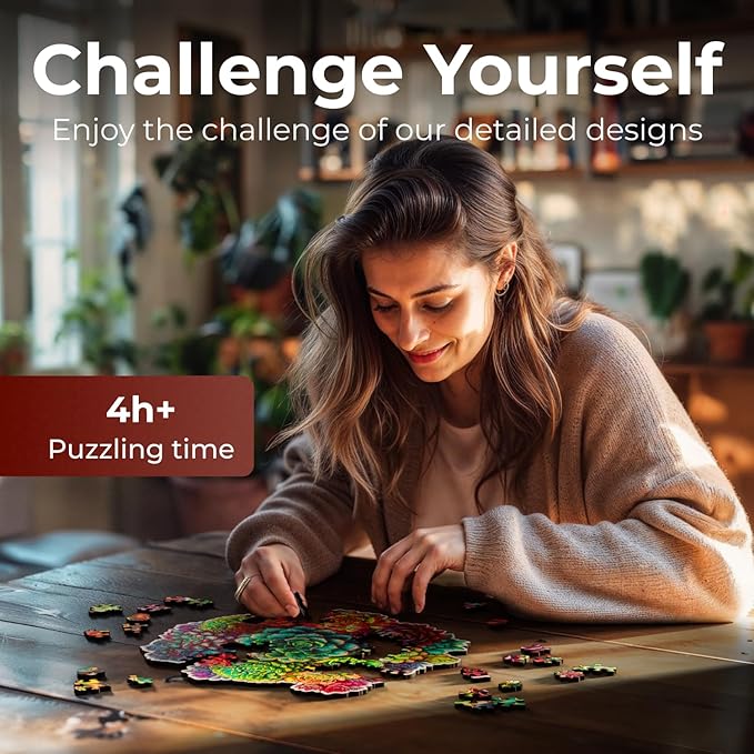 Crafthub Flowers Wooden Puzzles for Adults – A3 Mandala Succulent Plants with 152 Pieces Wood Puzzles – Jigsaw Puzzles with Unique Animal Shapes – 10.8" x 10.3"
