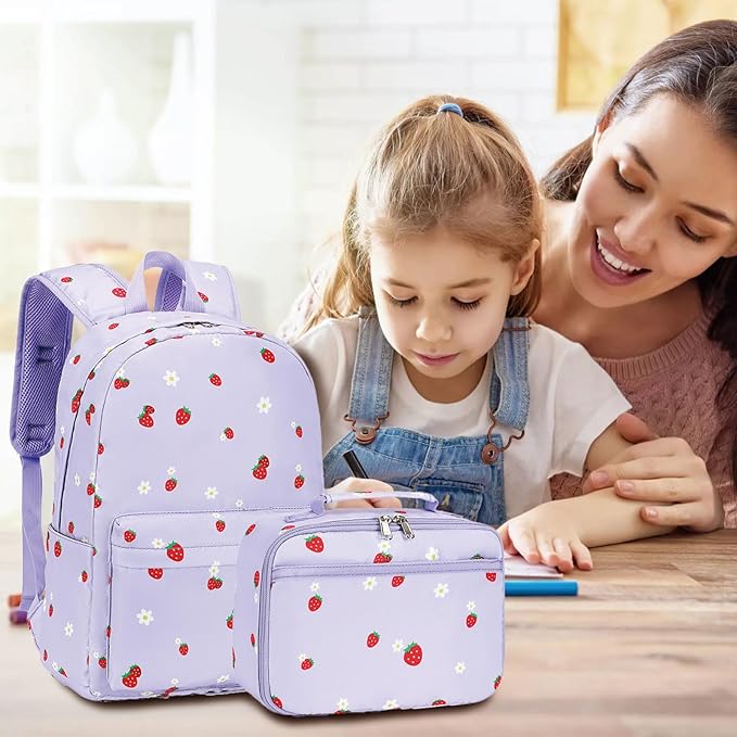 LEDAOU Kids School Backpack with Lunch Box for Girls Boys Kindergarten BookBag School Bag Preschool Toddler Backpack(Purple Strawberry)