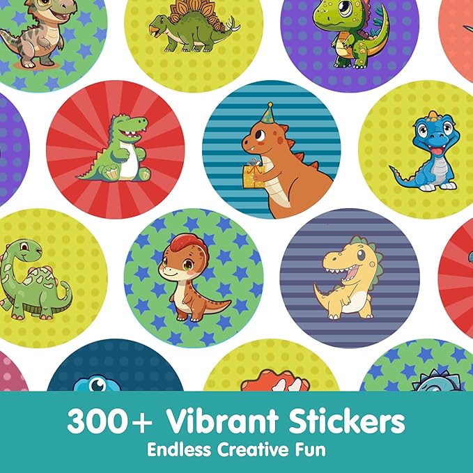 iPlay, iLearn Dinosaur Stamp & Sticker Activity Set - 400+ Stickers & 18-Page Stamper Book, Toddler Creative Art Craft Kit Road Trip Travel Toy, Educational Birthday Gifts for Boy Kid Ages 3 4 5 6 7 8