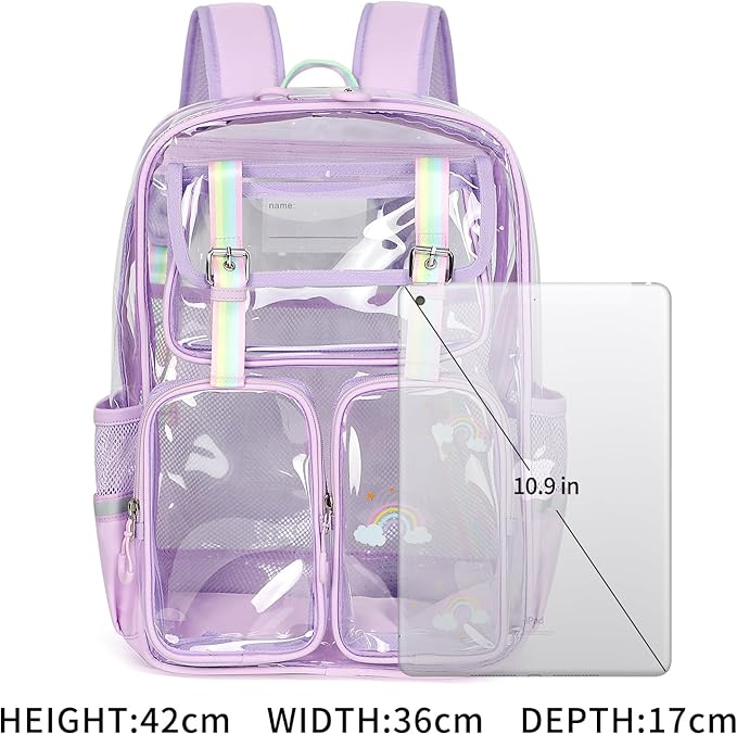 Clear Backpack for School - 17" Transparent Backpacks With Water-Resistant PVC Plastic Material and Ruggedly Reinforced Shoulder Straps, School Bag for Teen Boys Girls Purple