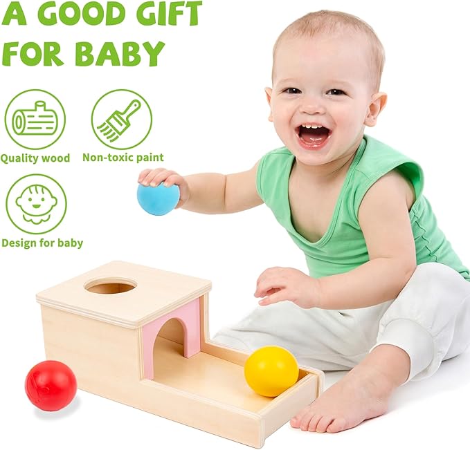 Adena Montessori Object Permanence Box with Tray Three Balls Montessori Toys for 6-12 Months Baby 1 Year Old Infant Toddler (Small Box - for Girl)
