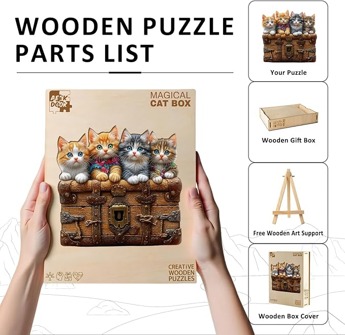 Wooden Puzzles for Adults - Cute Kitten Trunk Wood Puzzles Adult - Unique Animal Shape Wooden Jigsaw Puzzles for Adults - Birthday Gifts for Puzzle Lovers, Family (10.5 * 11in)