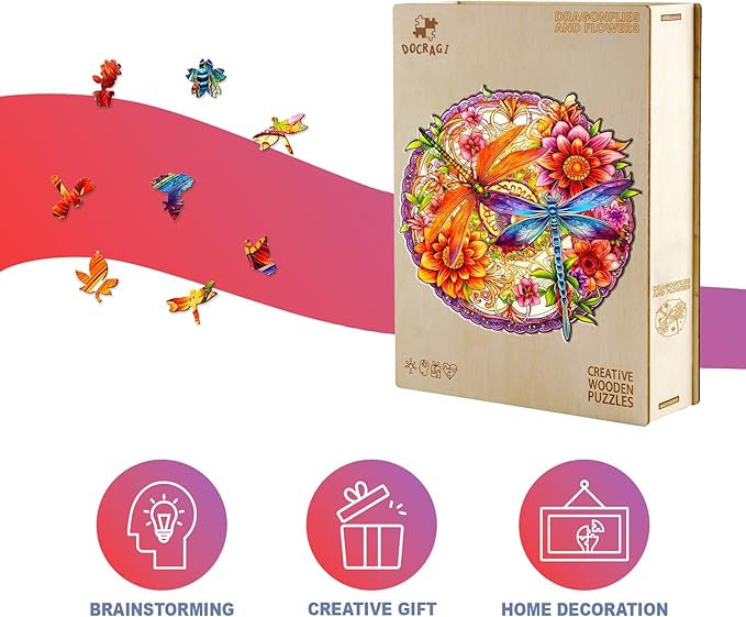 Wooden Puzzles for Adults - Dragonflies and Flowers Wooden Jigsaw Puzzle - Unique Animal Shaped Wood Puzzles Adult - Christmas Birthday Gifts for Adults/Friends/Family - 190pcs 11.4 * 11in