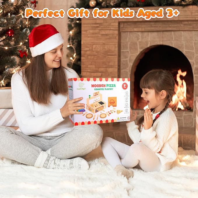 Wooden Pizza Toy Set for Kids, 68PCS Montessori Pretend Play Food Toys, Wooden Pizza Counter Playset with Bake Oven & Toy Dishes, Develop Imagination, Ideal Gift for Boys & Girls Aged 3+