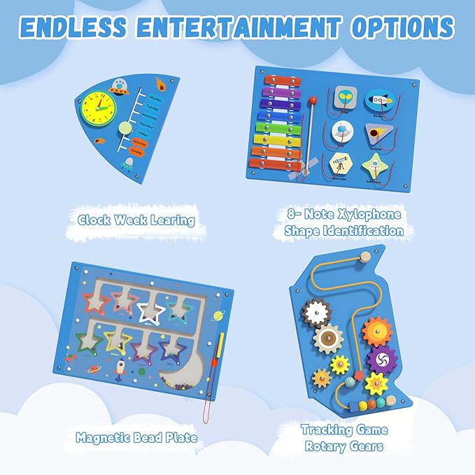 Montessori Busy Board - Blue Rocket Activity Wall Panels, Wall Toys for Toddlers 3+, Sensory Panels for Kids, Wooden Activity Cubes, Playroom Daycare Toys, Toddler Sensory Board (4PCS)