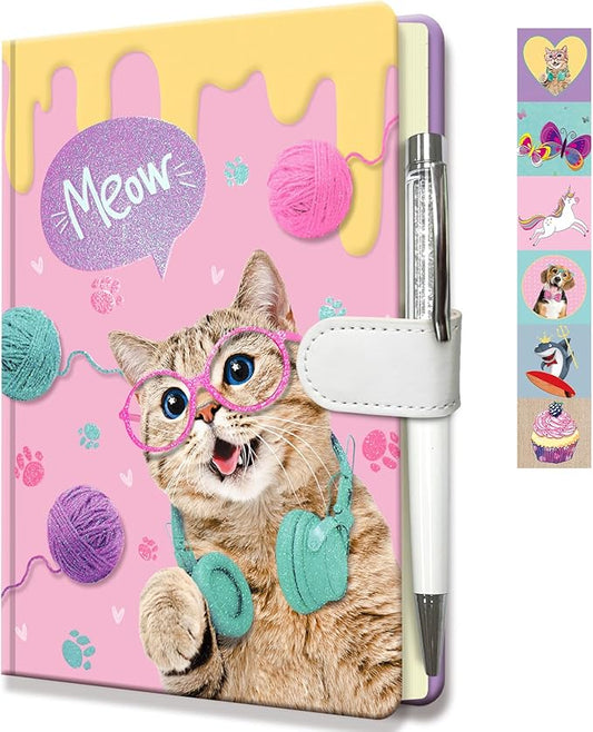 Cat Journal for Girls - Gift for Kids - Diary with Pen & Magnetic Closure, 192 Pages for Writing, 5.3"x7.5" Hardcover Lined Notebook