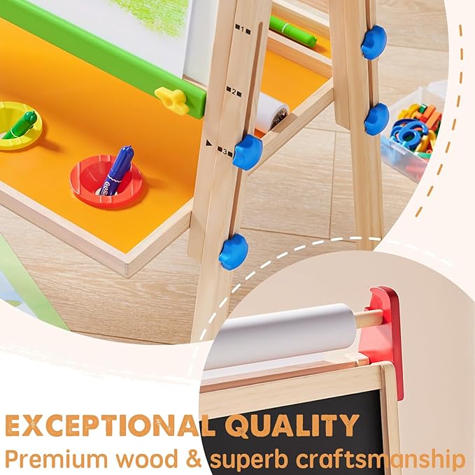Tiny Land Easel for Kids with 2 Drawing Paper Roll, Adjustable Kids Art Easel, Learning-Toy for 3,4,5,6,7,8 Years Old Boy & Girls, Wooden Chalkboard & Magnetic Whiteboard & Painting Paper Stand