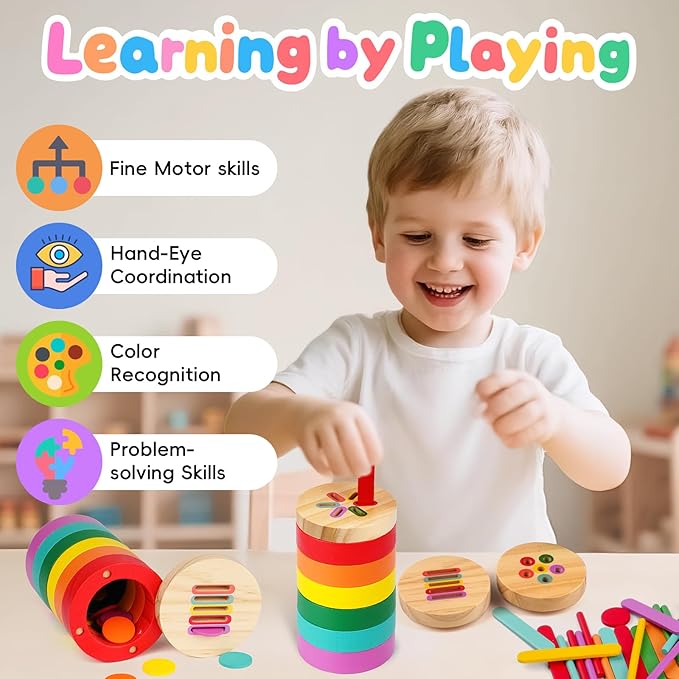 Montessori Toys, 4 in 1 Wooden Color Sorting Toys for Toddlers Sensory Fun Play Preschool Learning Activities Fine Motor Skills Educational Toys for Age 2 3 4 5 Boys Girls Gifts