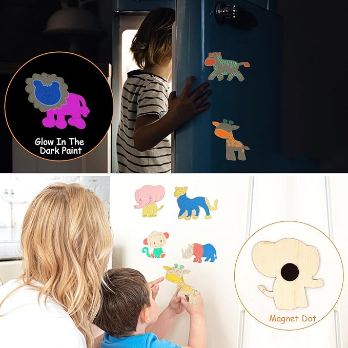 LARDUX Safari Party Favors, 24PCS DIY Wooden Painting Crafts - 8 Styles Animal Shape Unfinished Woodchips Cutouts Craft Kits with Glow in The Dark Paint DIY Party Favors Birthday Party Decorations