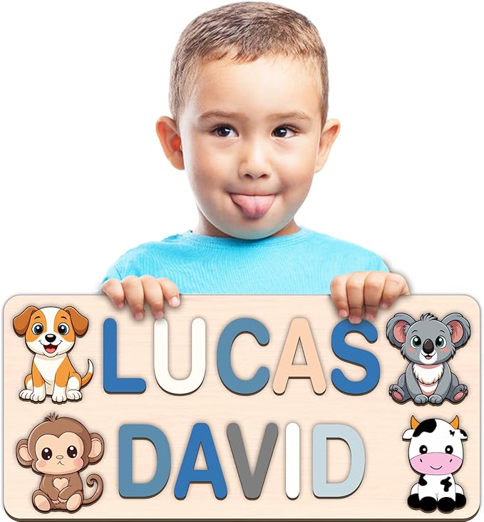 LOVELYPOD Personalized Name Puzzle for Kids, Custom Name Puzzles for Toddlers 1-3 Animal Puzzle, Customized 1st Birthday for Girls & Boys Wooden Toys for Kids, for New Baby - Style 20