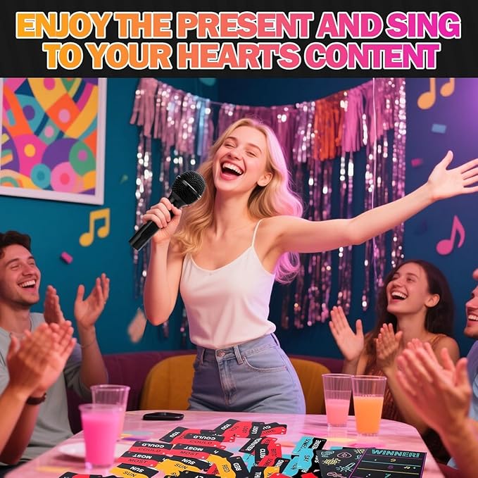 The Mic Games, Mic Karaoke Party Game, Family Karaoke Board Game, Games for Bad Singers with 250 Song Lyrics (125 Cards) for Hilarious Game Nights & Birthday Party