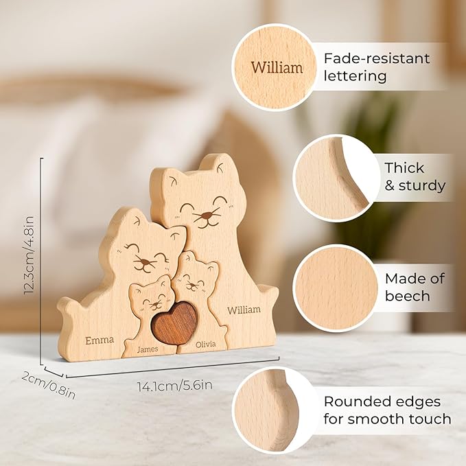 Wooden Cat Family Puzzle, Personalized Puzzles with 2-5 Names, Mothers Day Birthday Personalized Gifts for Mom Dad Grandma Kids Teen Boys Girls, Toddler Men Christmas Thanksgiving Decorations