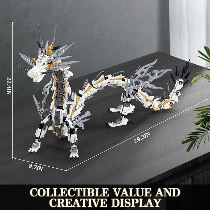 HIGH GODO Dragon Building Blocks Sets for Adults, White Mechanical Dragon Animal Building Model Collectible Display Toys, Cool Creative Gifts for Boys Teens Fans (1485 Pieces)