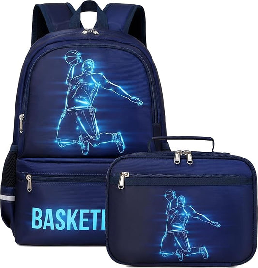 JIANYA Kids Backpack for School Boys, Basketball Themed Backpack with Lunch Box Elementary Kids School Bag Travel Back Pack for Boy, Blue