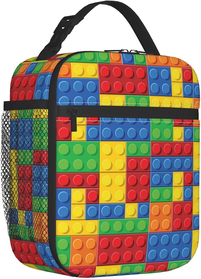 Colorful Bricks Reusable Lunch Box Food Bag Insulated Lunch Bag for Teenage Boys Girls School Beach