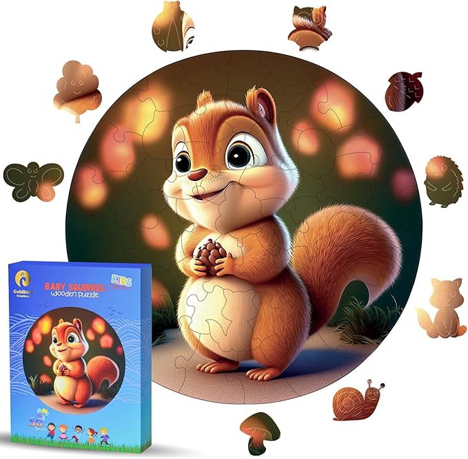 Wooden Puzzles for Kids Ages 4-8 - 50 Piece Puzzles for Kids - Animal Shaped Kids Puzzles - Round Wooden Jigsaw Puzzles - Christmas & Birthday Gift Idea (Baby Squirrel)