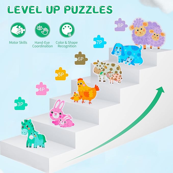FLYINGSEEDS 6 Packs Parent-Child Themed Wooden Jigsaw Puzzles for Toddlers Ages 1-3, Level-Up Puzzles for Beginner, Montessori Learning Toys Preschool Family Activity for Kids Ages 2-5