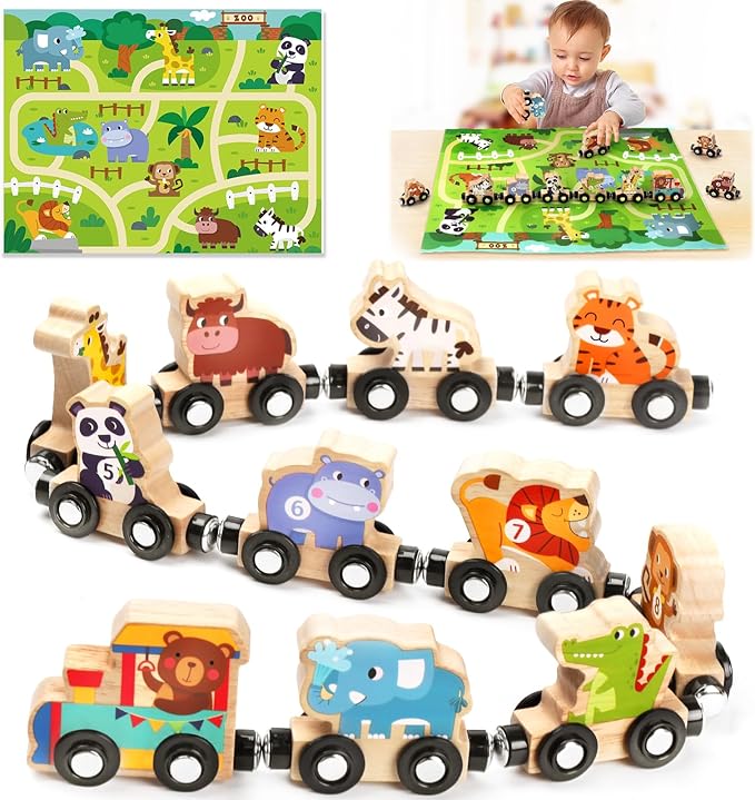 Toys for 1 2 3 Year Old Boys Girls, Montessori Toys Magnetic Wooden Train Set Gifts for 2-3-4 Year Old Boy Girl Educational Toddler Toy Birthday Presents Age 1+ Kids Animal Farm Games with Track Mat