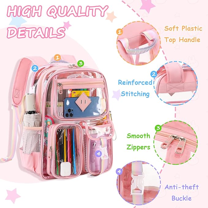 Clear Backpack for School,Heavy Duty PVC Transparent Bookbag for Girls Stadium Approved See Through Backpack