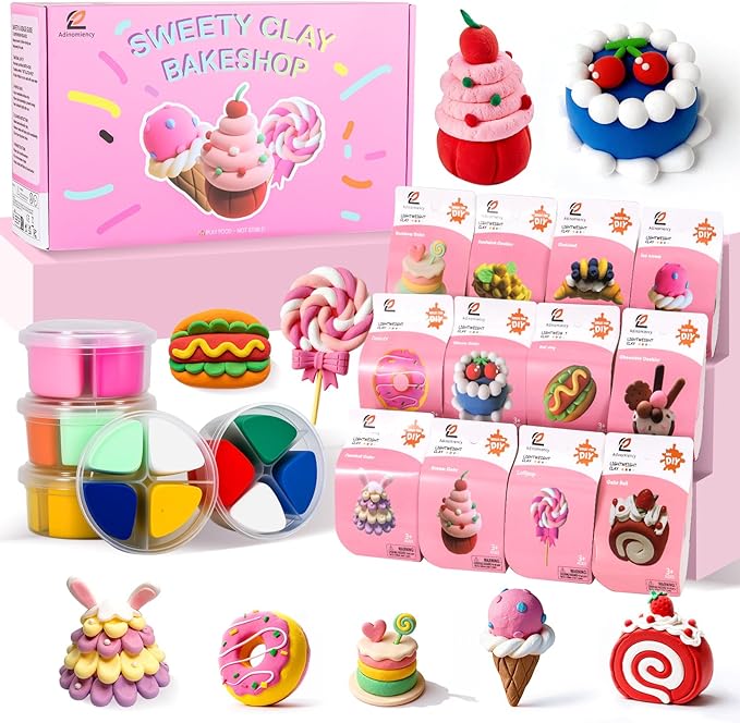 Air Dry Clay for Kids | 12 Pack DIY Modeling Clay Kit with 4 Colors Per Set & 12 Pastry Sculpting Guides | Non-Toxic, Easy to Use Arts and Crafts Gift for Boys & Girls Ages 3+