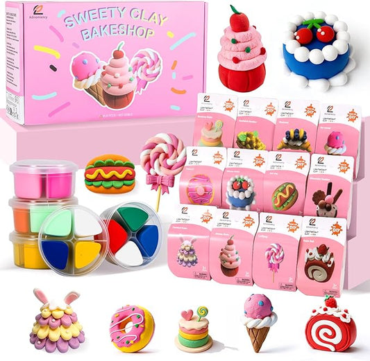 Air Dry Clay for Kids | 12 Pack DIY Modeling Clay Kit with 4 Colors Per Set & 12 Pastry Sculpting Guides | Non-Toxic, Easy to Use Arts and Crafts Gift for Boys & Girls Ages 3+