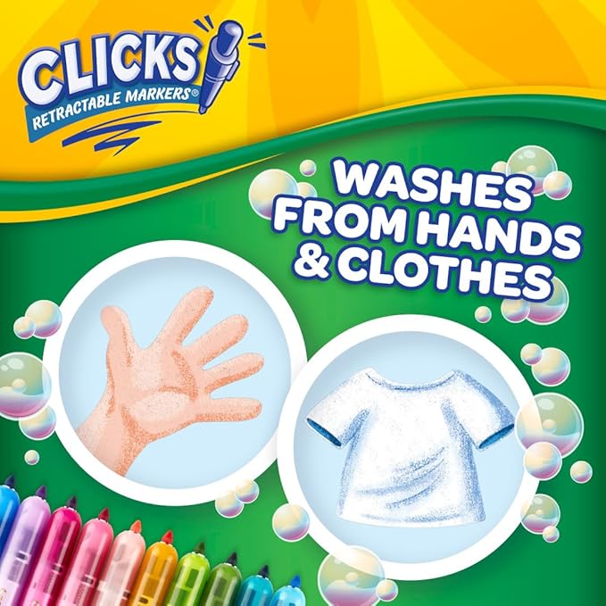 Crayola Clicks Retractable Tip Marker Set for Kids (10ct), Teacher Supplies, Long Lasting Markers For School, No Dry, Coloring Book Essentials, 6+